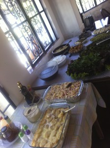 A food spread.  All ate very well, even the vegans!